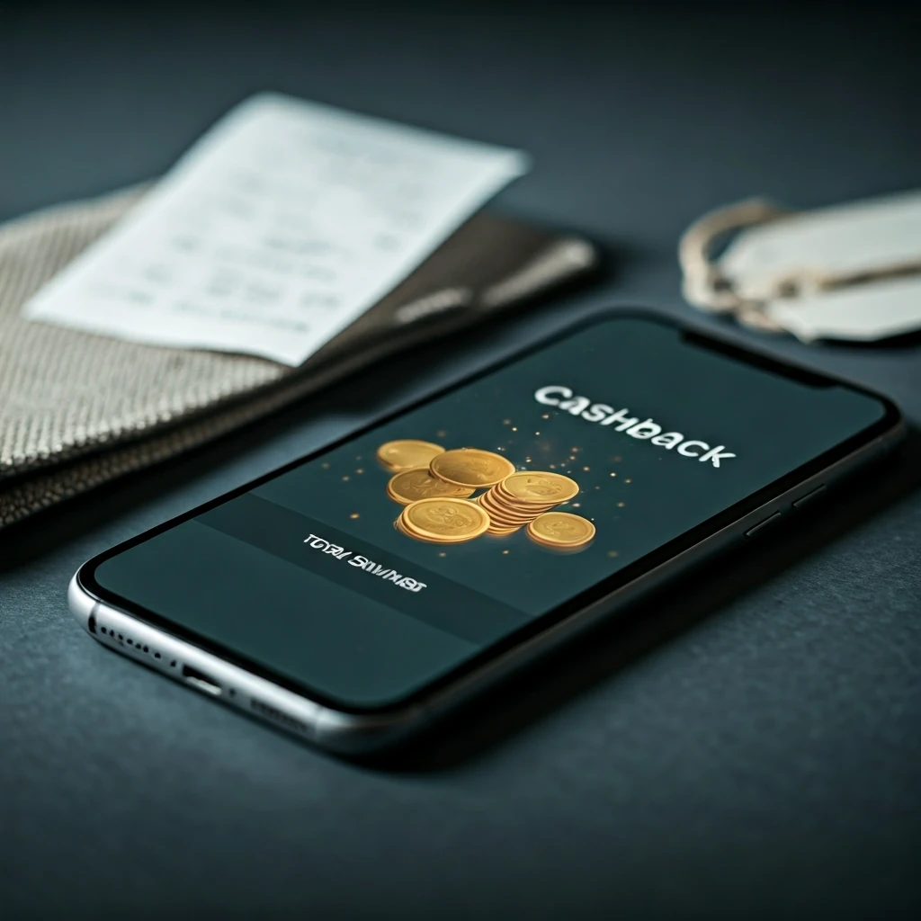 Smartphone displaying a cashback app interface, with digital savings accumulating, set against a soft-focus background of everyday items like a grocery receipt and fabric.