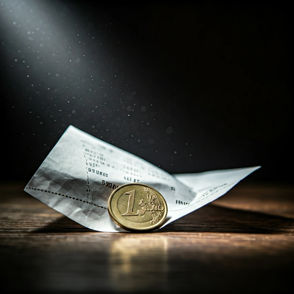 Extreme close-up of a crumpled grocery receipt on a dark table, with a single coin subtly emerging from its folds, symbolizing cashback earnings.