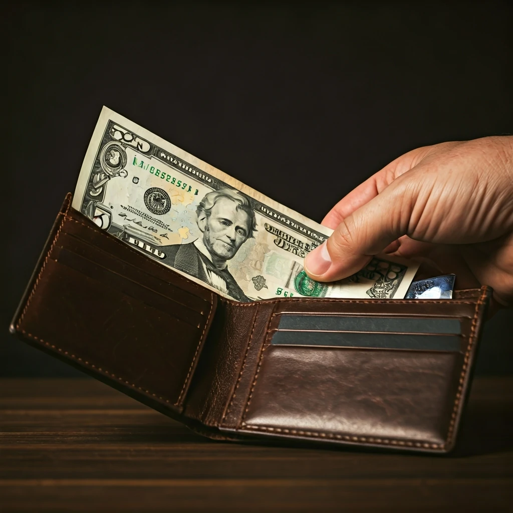 A close-up of a hand carefully placing a banknote into a textured leather wallet, with a credit card partially visible, symbolizing cashback earnings and smart savings.