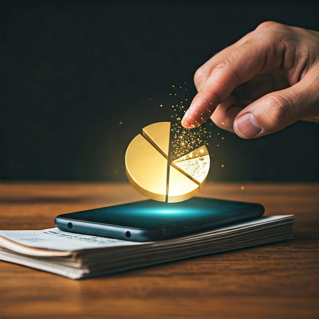 A close-up of a hand interacting with a smartphone screen, where a glowing digital 'slice' of money appears to emerge and float towards a stack of physical household bills, symbolizing cashback earnings returning to a family budget.