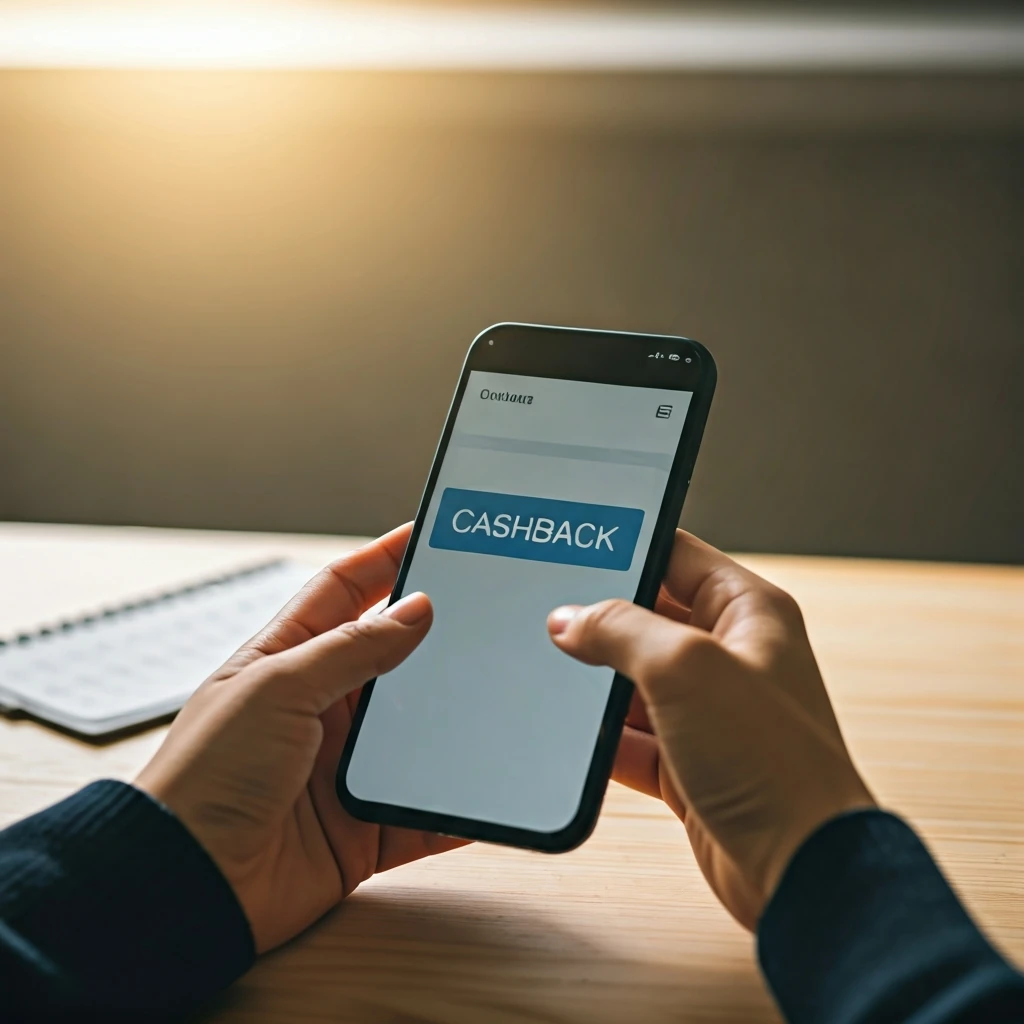 A person's hands holding a smartphone displaying a cashback app next to a debit card, illustrating alternative ways to earn rewards without a credit card.