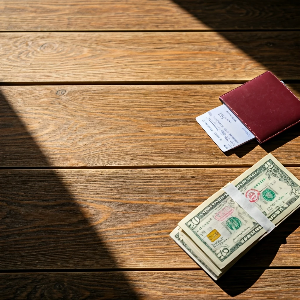 A close-up of a kitchen table at dawn, displaying a stack of dollar bills and a credit card statement on one side, and an open passport with a miniature airplane model on the other, symbolizing the choice between cashback and travel miles for family budgeting.