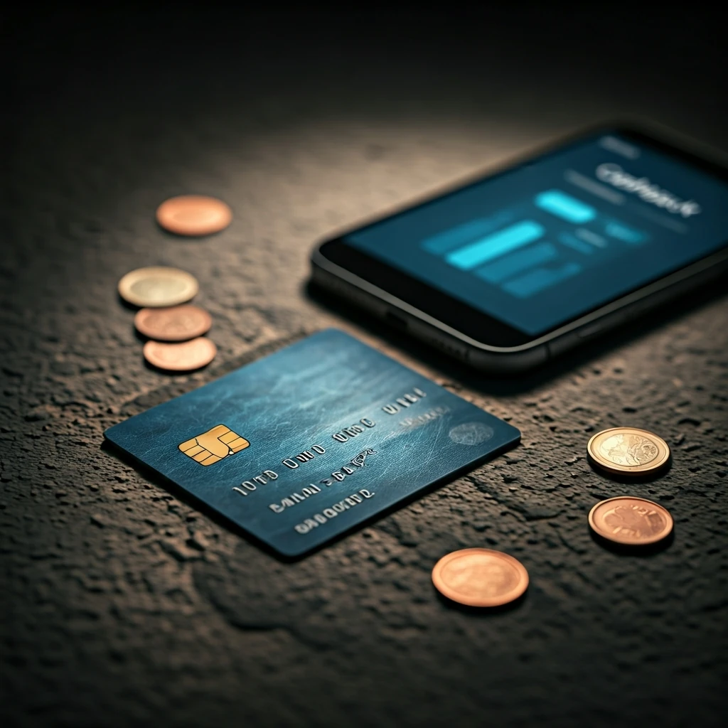 A close-up of a generic credit card and a smartphone displaying a cashback app, with scattered coins on a concrete surface, illustrating different methods of earning money back.