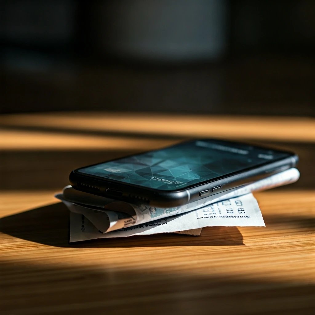 A stylized stack representing layered savings, featuring a credit card, a smartphone displaying a cashback app, and a paper coupon on a wooden surface, illuminated by golden hour light.