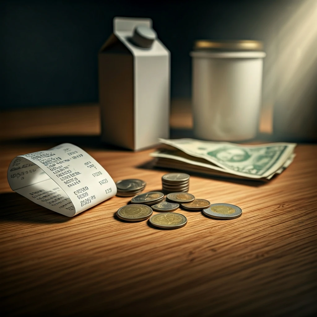 Close-up of coins and a crisp bill stacked next to a grocery receipt and physical coupons on a kitchen counter, symbolizing cashback savings from household shopping.