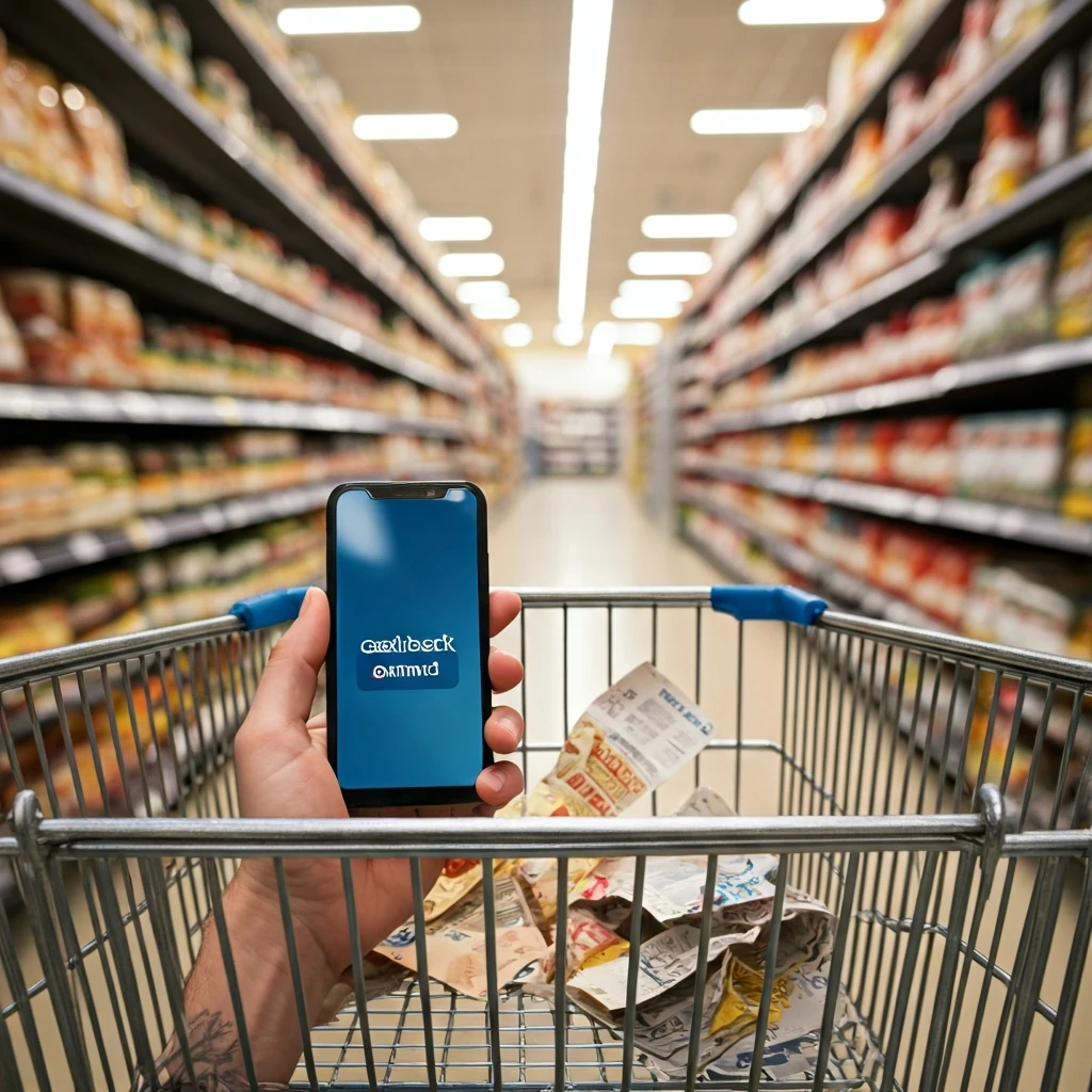 A close-up, low-angle shot of a hand holding a smartphone displaying a cashback notification, resting on the edge of a metal grocery shopping cart alongside crumpled paper coupons.