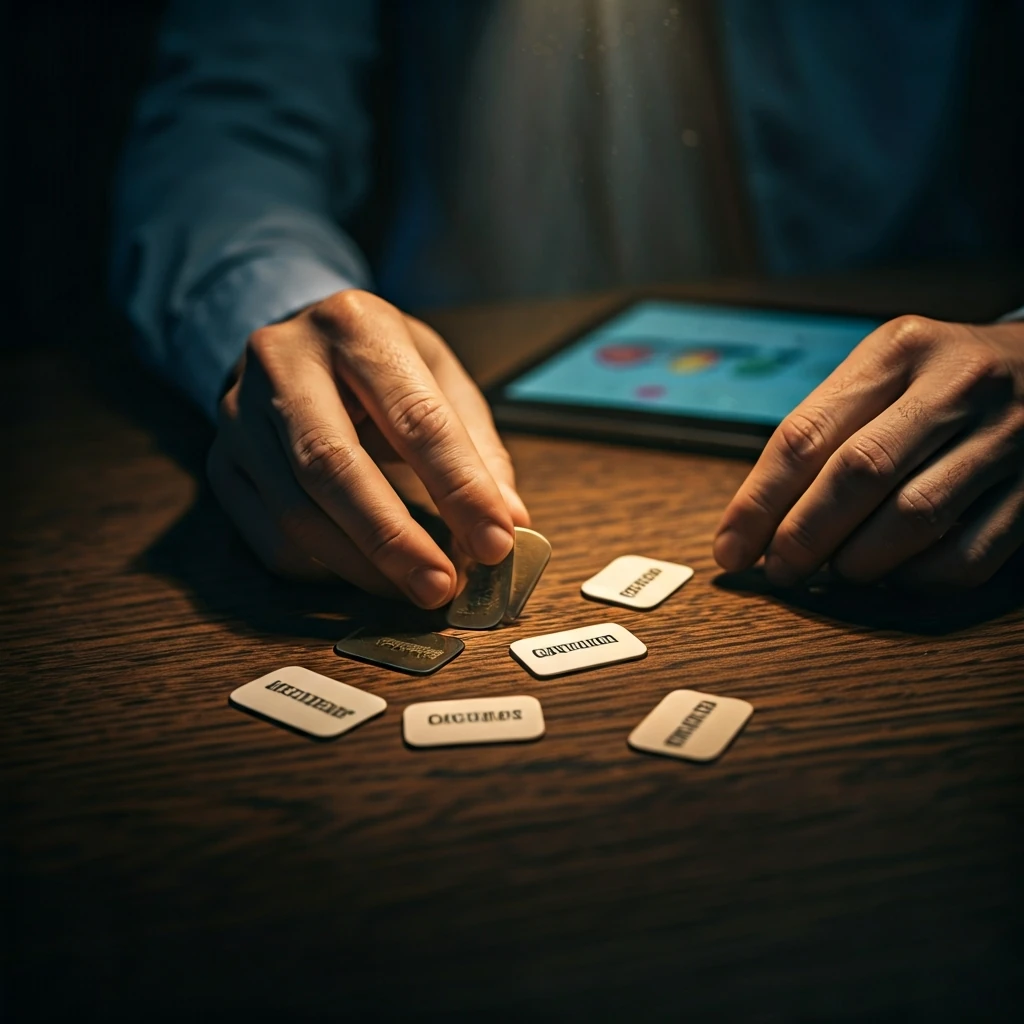 A close-up of hands organizing physical tokens representing fixed and rotating cashback categories, with a glowing digital financial dashboard in the background.