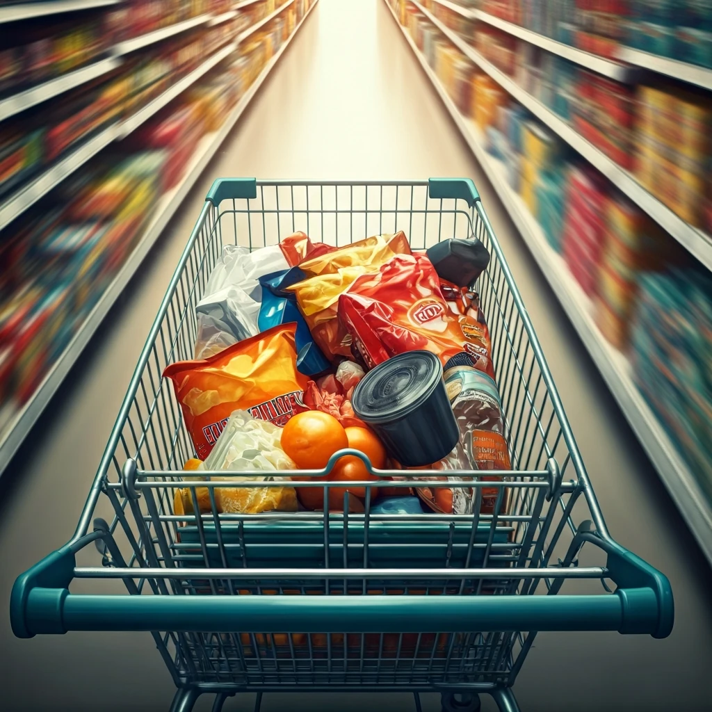 An overflowing shopping cart filled with a chaotic assortment of groceries and impulse purchases under harsh supermarket lights, symbolizing disorganized shopping.