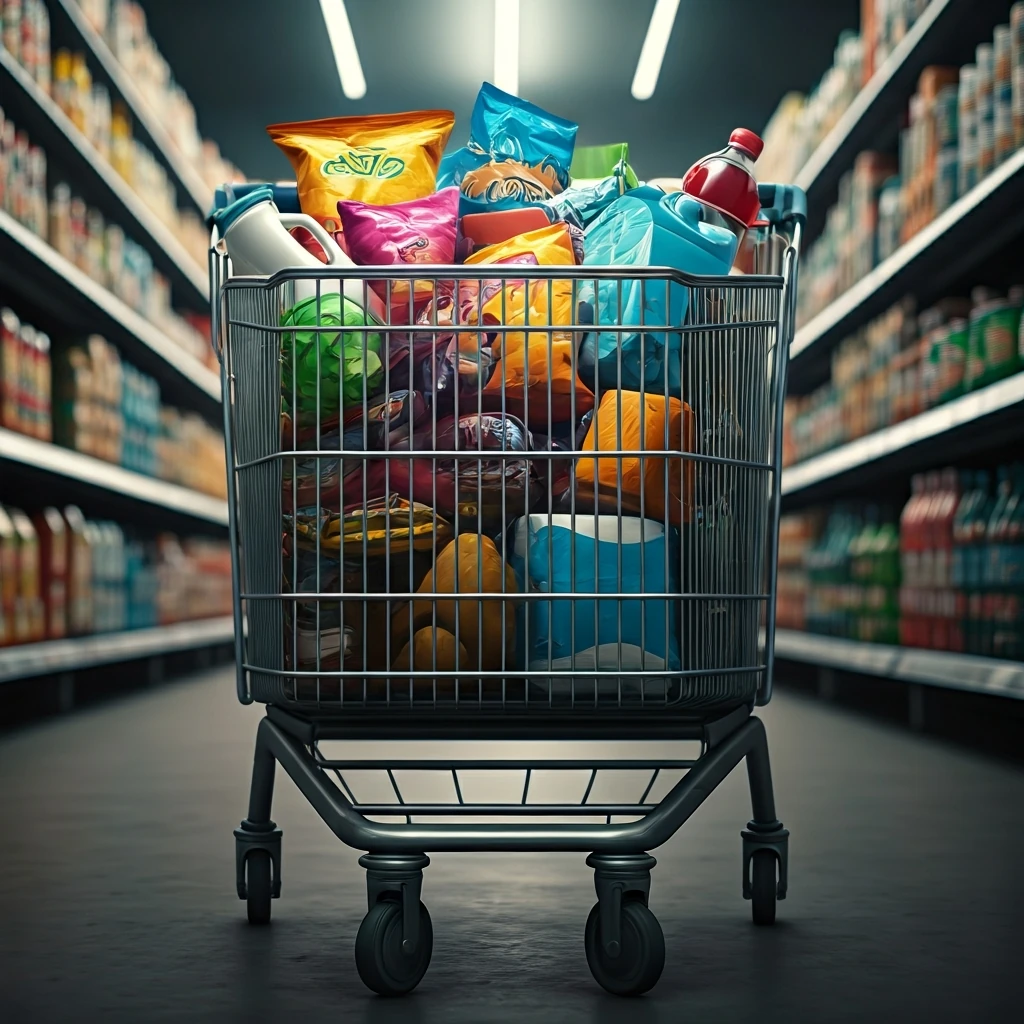 An overflowing supermarket cart filled with many unplanned impulse purchases, with a single carton of milk almost hidden at the bottom, illustrating the cost of unorganized shopping.