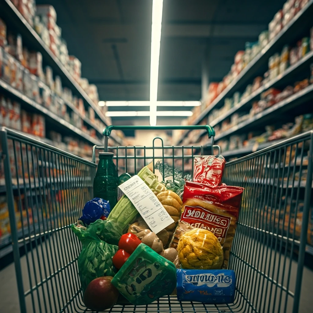 A shopping cart overflowing with groceries, including impulse purchases and a crumpled, long receipt, symbolizing the financial trap of unplanned market trips and potential food waste.