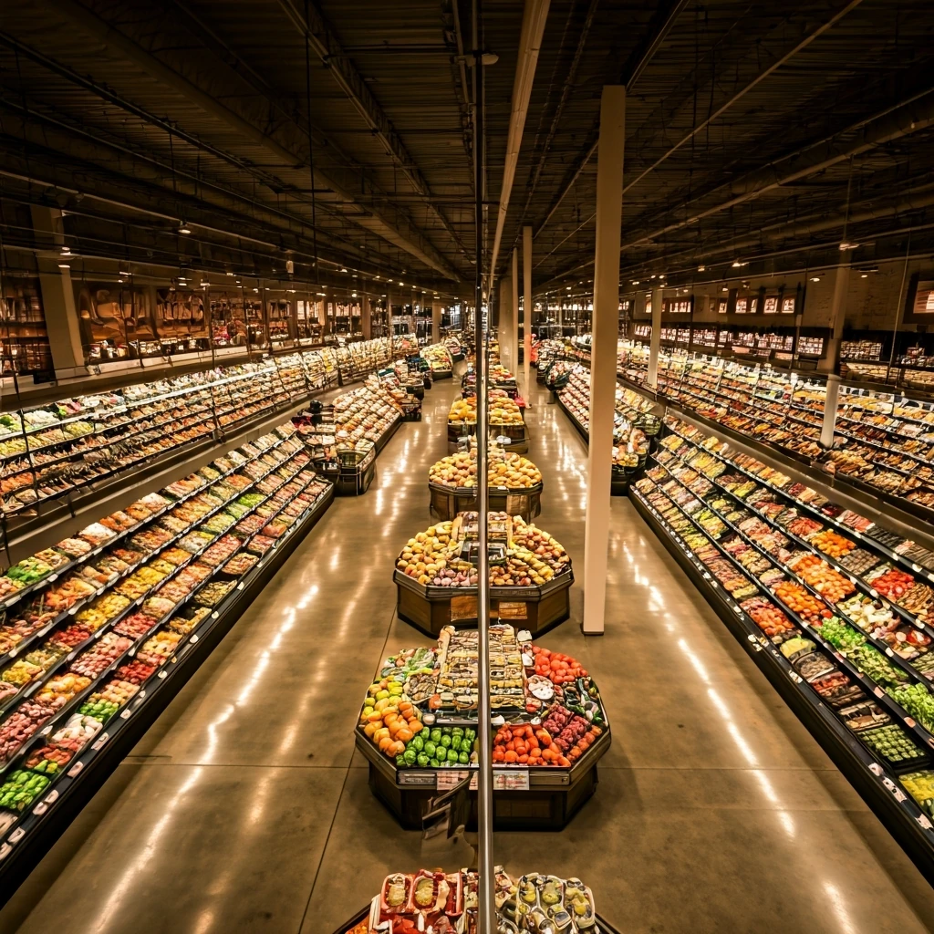 An overhead view of a grocery store aisle, showcasing the strategic placement of inviting produce displays in the foreground and essential items further back, illustrating a planned shopper path.