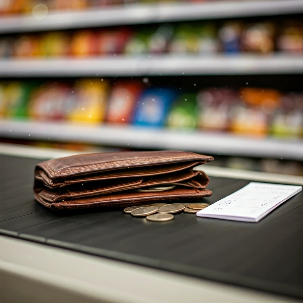 A close-up shot of an open wallet with coins spilling out next to a shopping list and coupons, symbolizing budget control in a market.