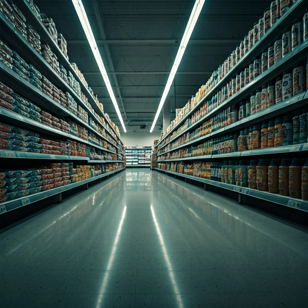 A long, empty supermarket aisle stretching into the distance, illustrating how essential items are placed at the back to influence shopper paths.