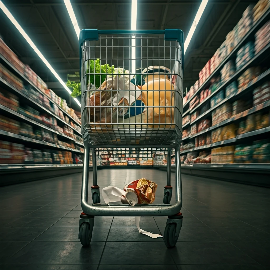 An overflowing, disorganized supermarket shopping cart under harsh fluorescent lights, symbolizing budget leaks and food waste from unplanned shopping trips.
