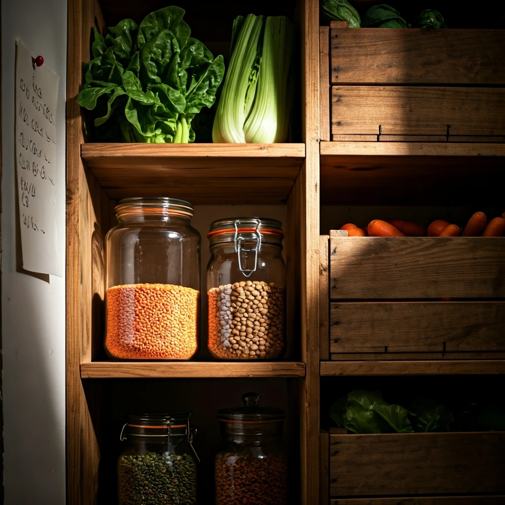 A home pantry organized with clear jars, fresh produce in wooden crates, and a handwritten grocery list, illustrating efficient market organization and food waste reduction.
