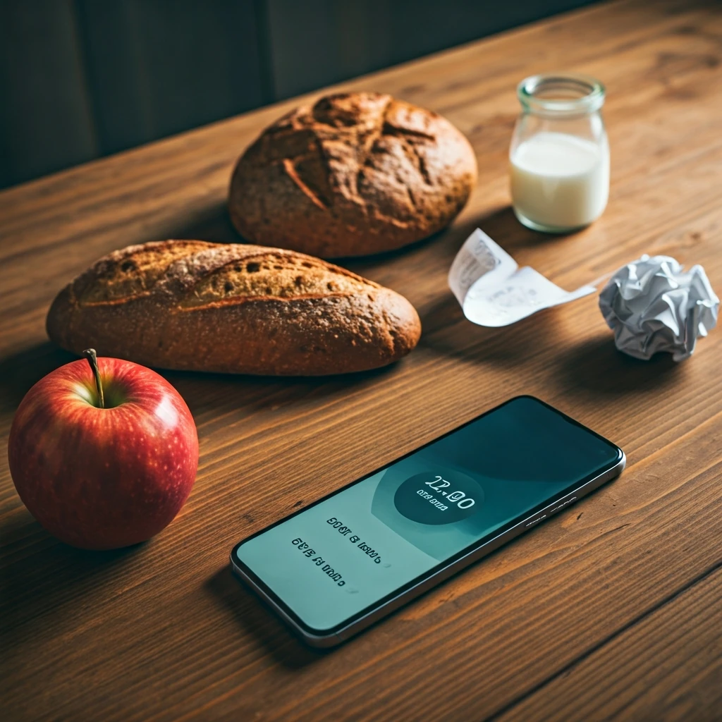 A smartphone screen showing accumulating digital cashback next to everyday grocery items on a wooden table, illustrating modern family savings.