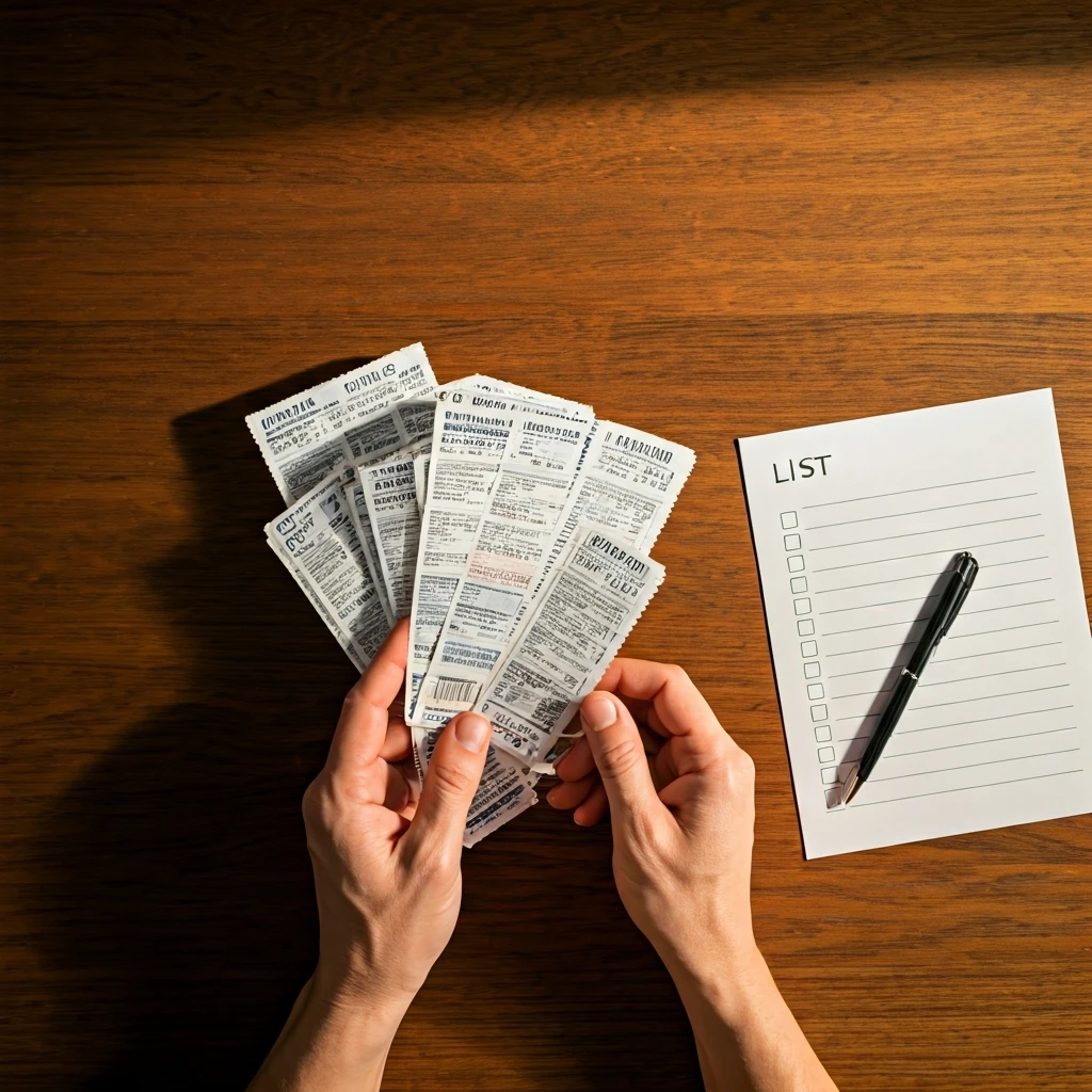Close-up of hands organizing a stack of colorful printable coupons next to a handwritten grocery list on a wooden table, emphasizing detailed budget planning.