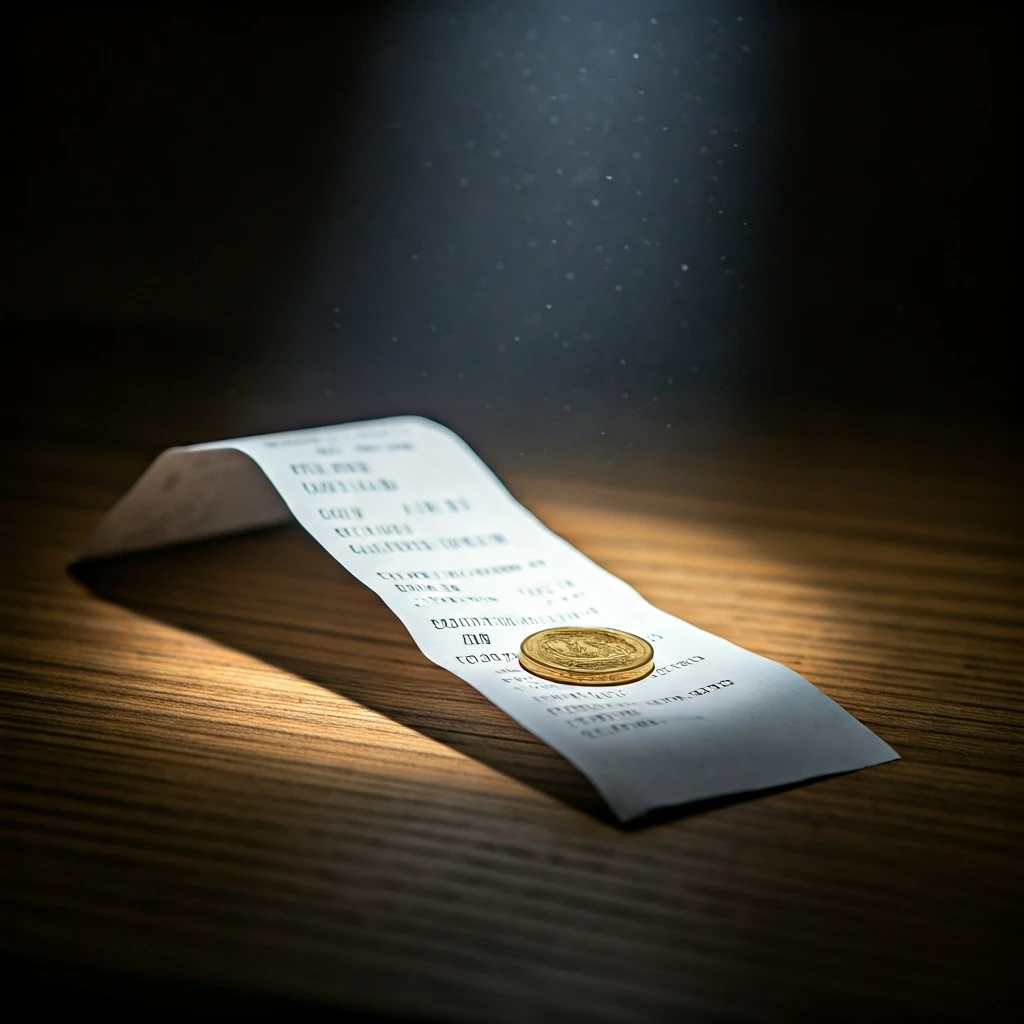 A detailed macro shot of a single shiny coin emerging from a crumpled paper grocery receipt on a dark wooden surface, symbolizing cashback rewards from everyday family spending.