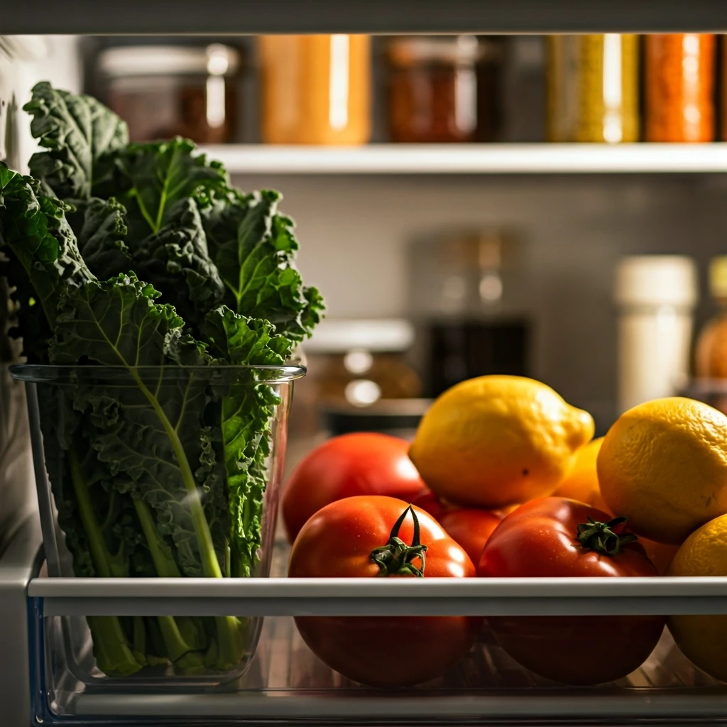 Fresh, vibrant produce like leafy greens and citrus fruits are neatly organized on a shelf, bathed in golden hour light, symbolizing efficient market organization and reduced food waste.