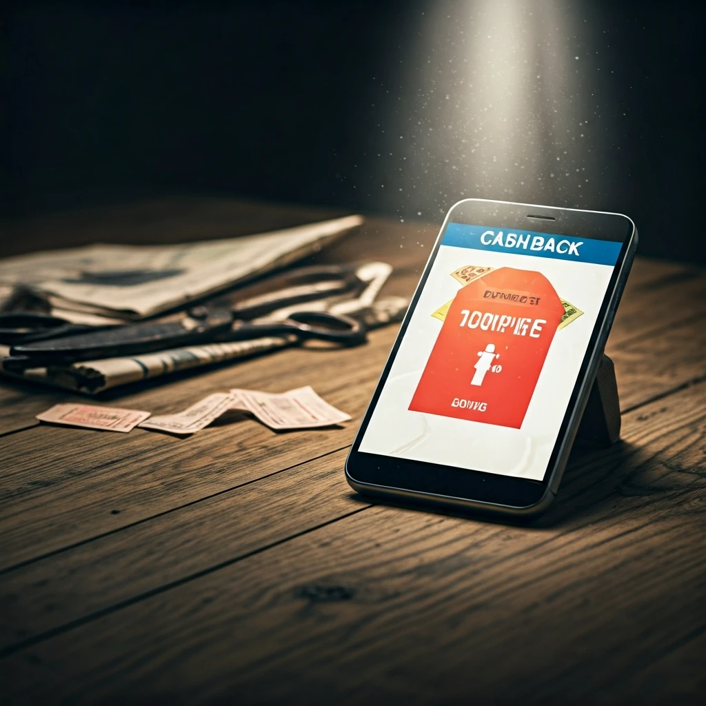 A smartphone displaying a digital savings app for groceries, positioned next to a blurred, old newspaper with cut-out coupons, illustrating the shift to modern digital family budgeting.