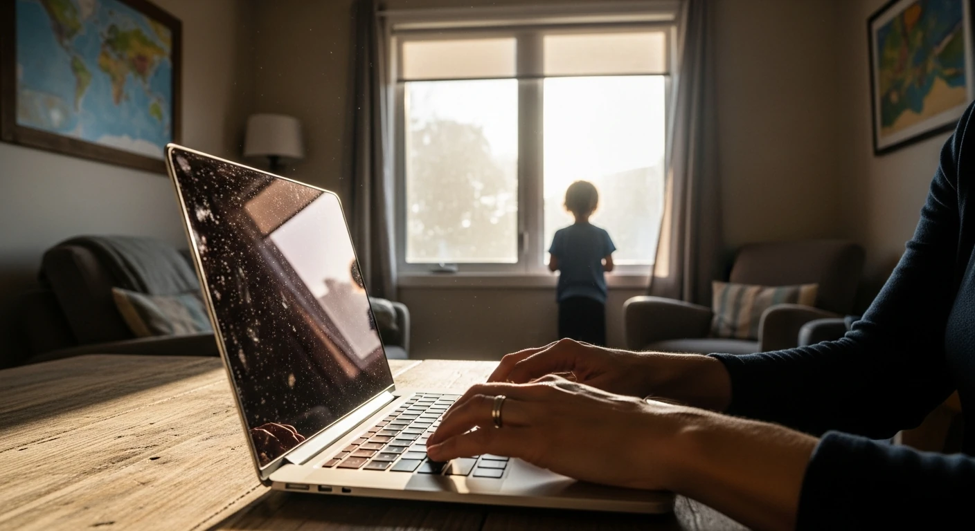 A parent works remotely on a laptop at a rustic table, bathed in soft morning light, while their child looks out a large window in a cozy, temporary home, symbolizing family remote living and flexibility.