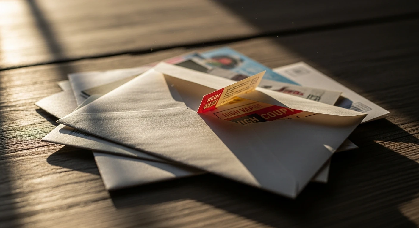 A close-up view of a partially opened envelope revealing a corner of a colorful printed coupon, nestled within a small stack of mail on a wooden table, illuminated by warm afternoon light.