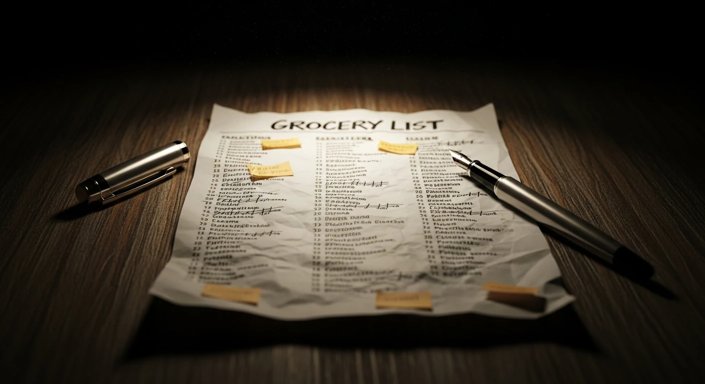 A close-up of a meticulously handwritten grocery list with notes and crossed-out items, illuminated by a focused, warm light, symbolizing strategic meal planning.