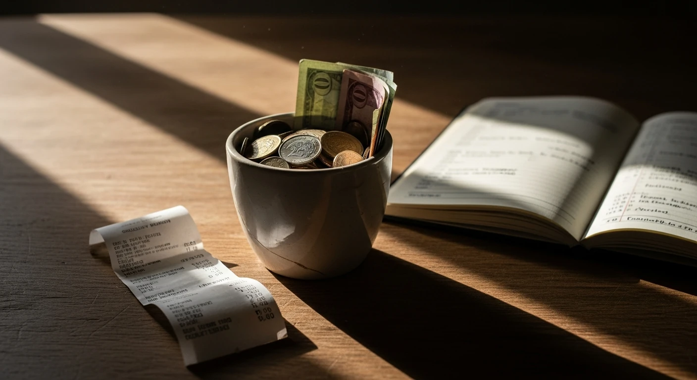 A small ceramic pot on a wooden table, containing coins and bills next to a grocery receipt and budget notebook, symbolizing accumulated cashback.