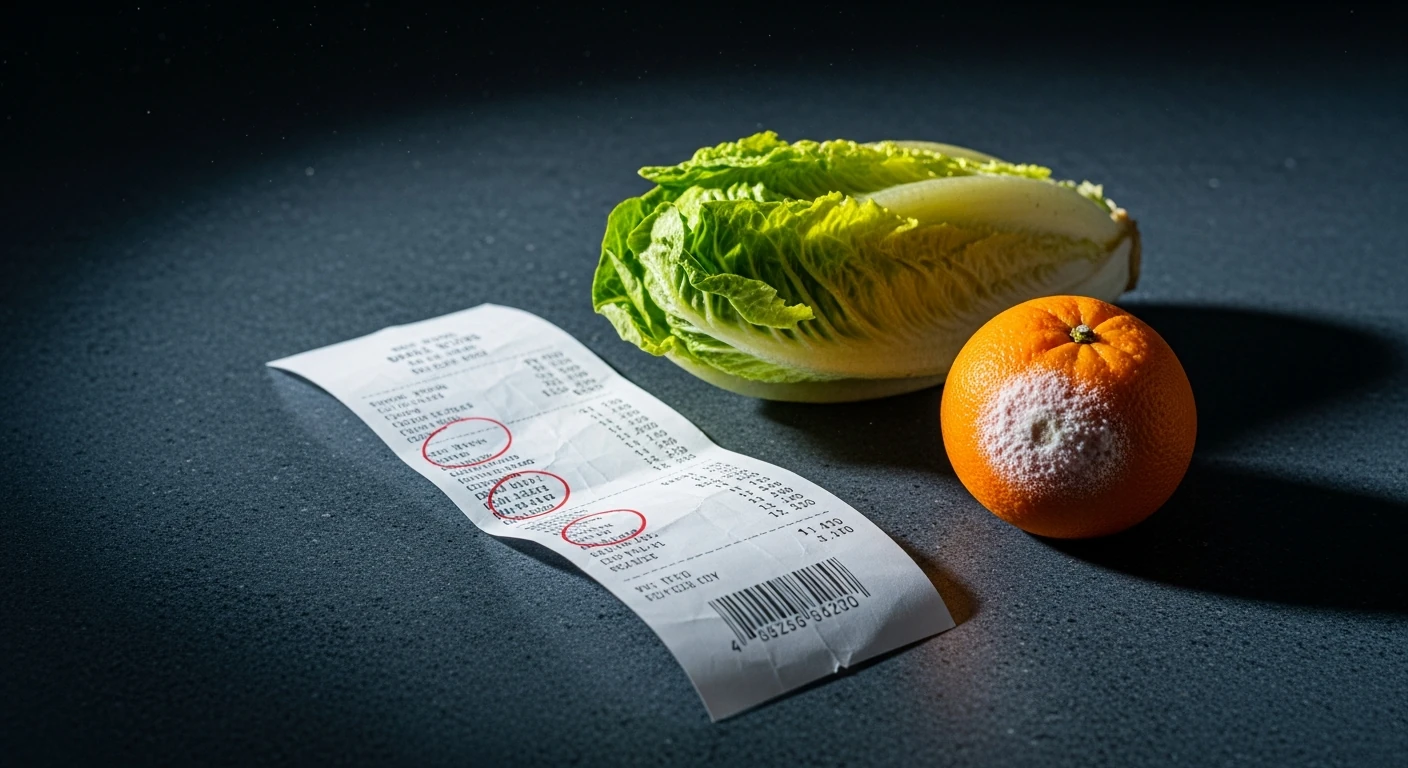 A crumpled grocery receipt next to wilted produce on a dark kitchen counter, symbolizing the financial and food waste from unorganized market shopping.