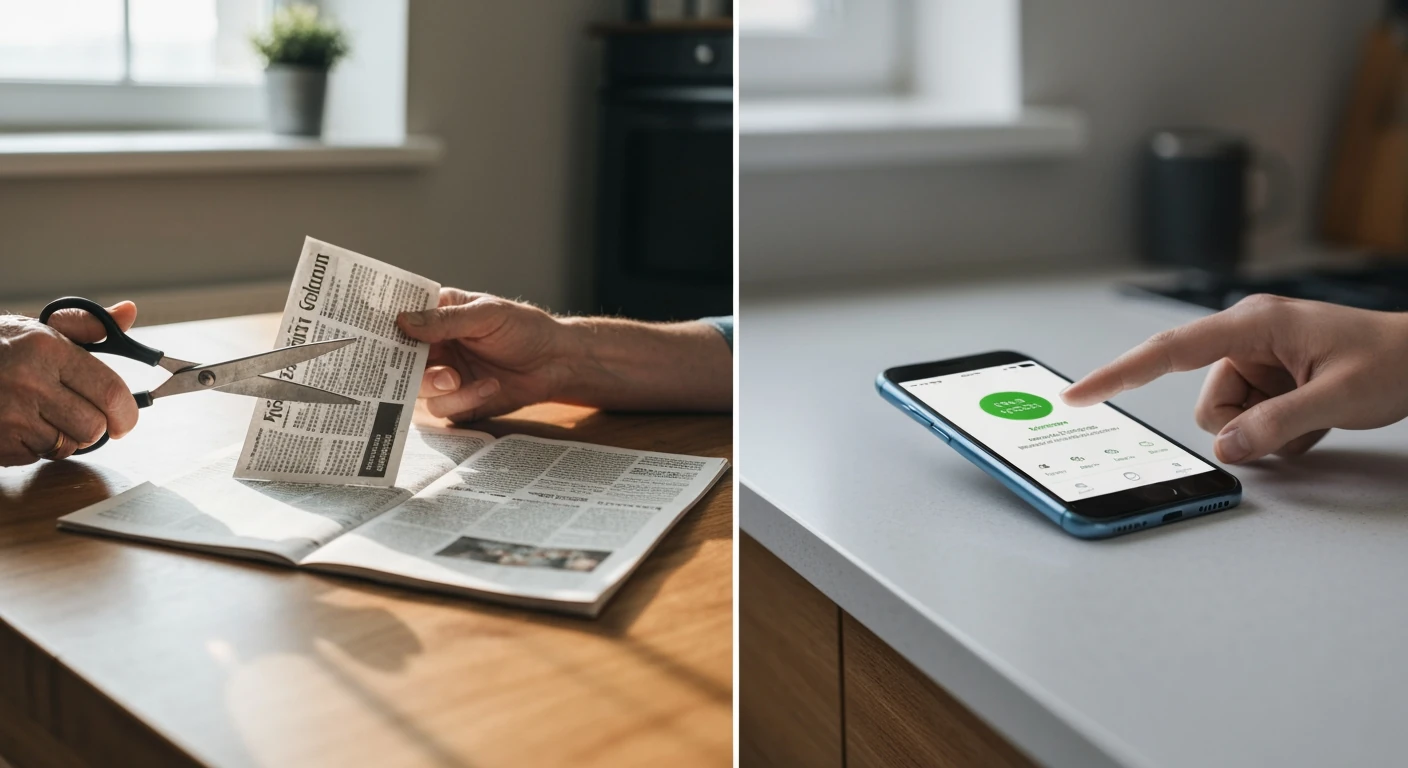 A split image showing a hand clipping a physical newspaper coupon on one side and a hand scrolling through a digital coupon app on a smartphone on the other, representing the evolution of family savings.