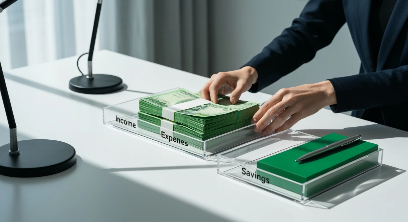 A person organizing green paper bills into three clear trays labeled income, expenses, and savings on a minimalist modern white desk, illustrating household economics.