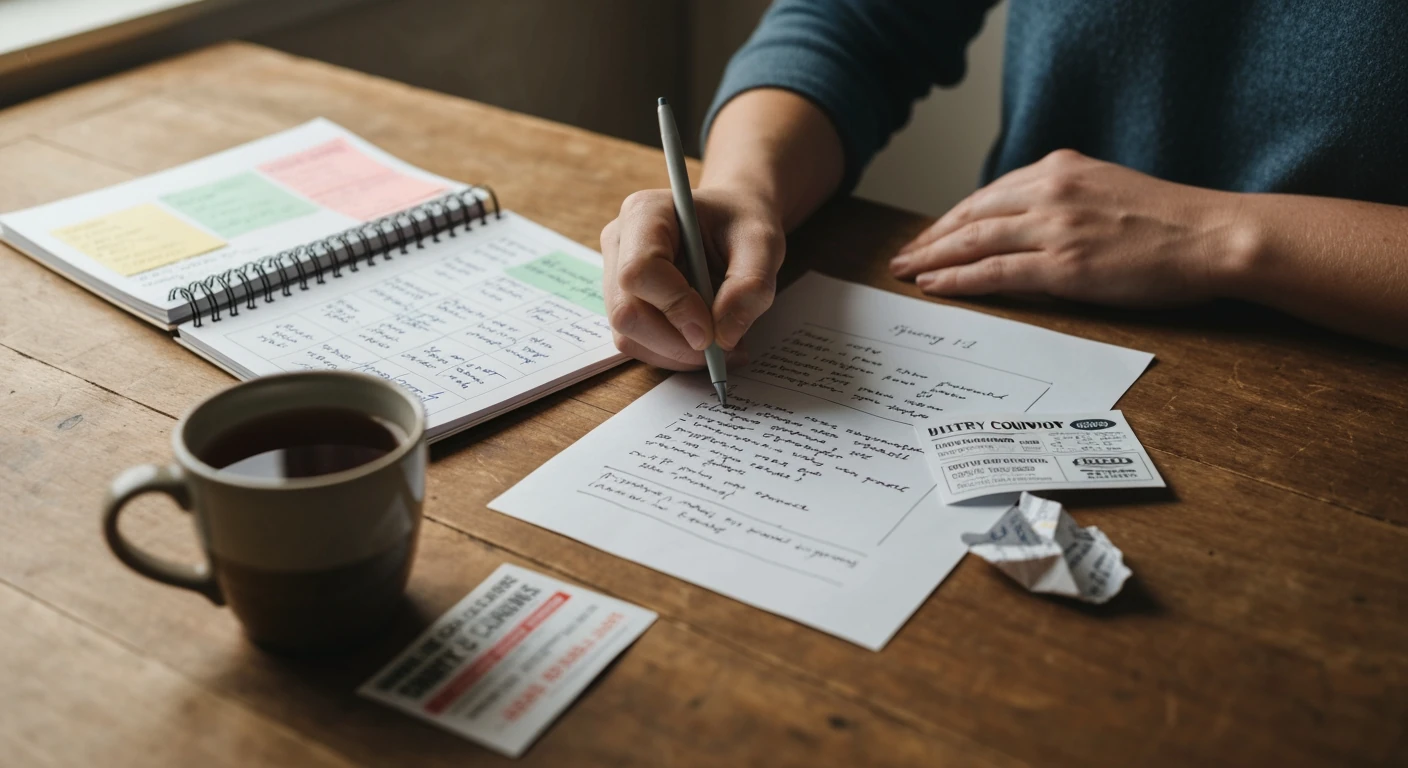 A person organizing a grocery list and meal planner on a wooden table, emphasizing strategic shopping and family savings.