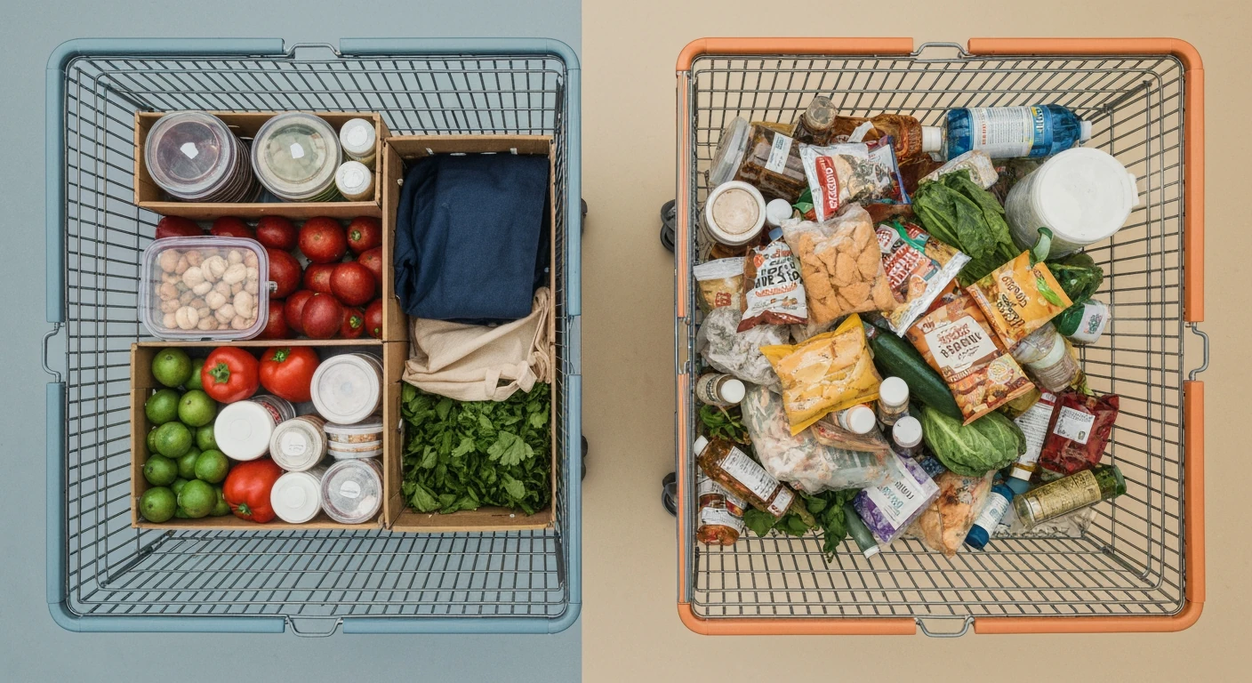 Aerial view of a grocery cart divided: one side with organized, fresh produce and planned purchases, the other side a chaotic mess of impulse buys and wasted food, illustrating the cost of disorganized shopping.