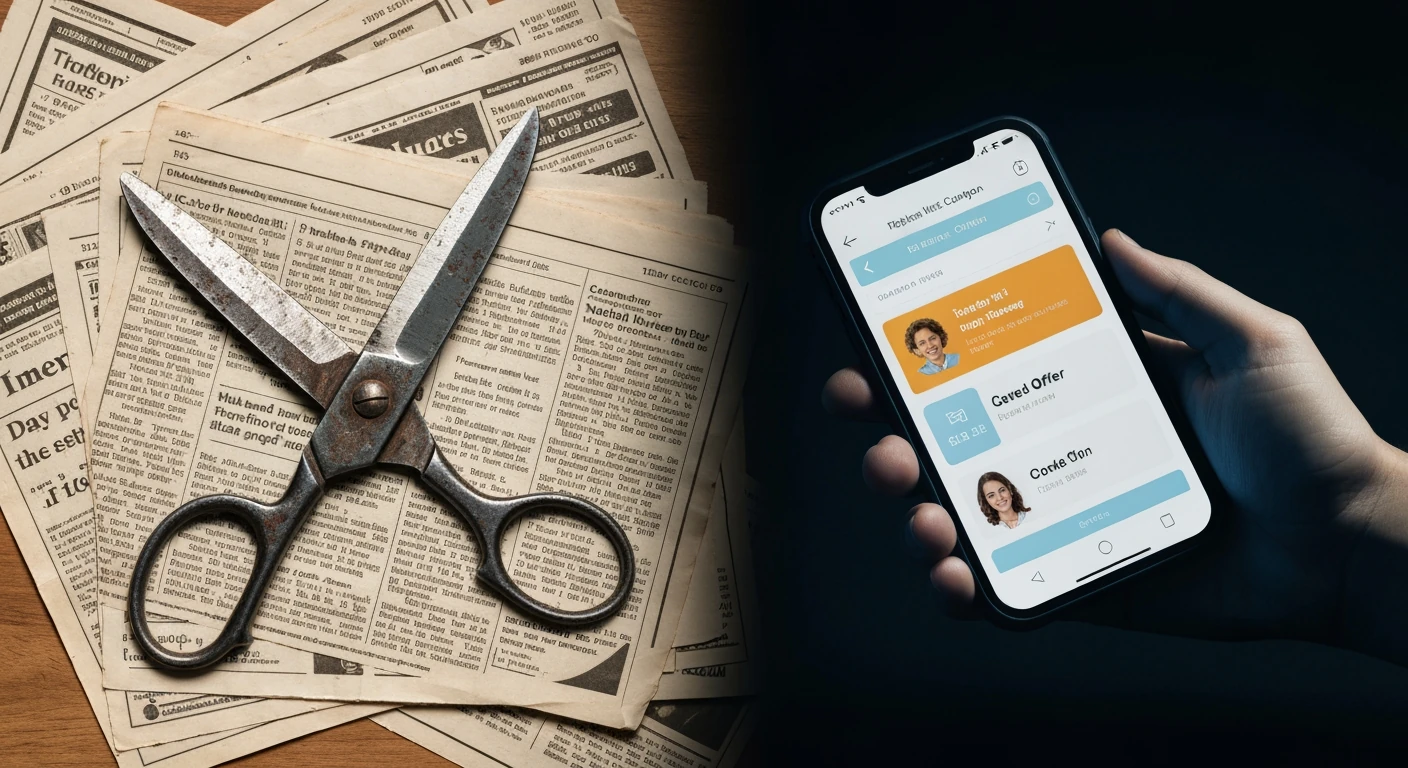 A split image showing old paper coupons and scissors on one side, and a hand interacting with a digital coupon app on a smartphone on the other.