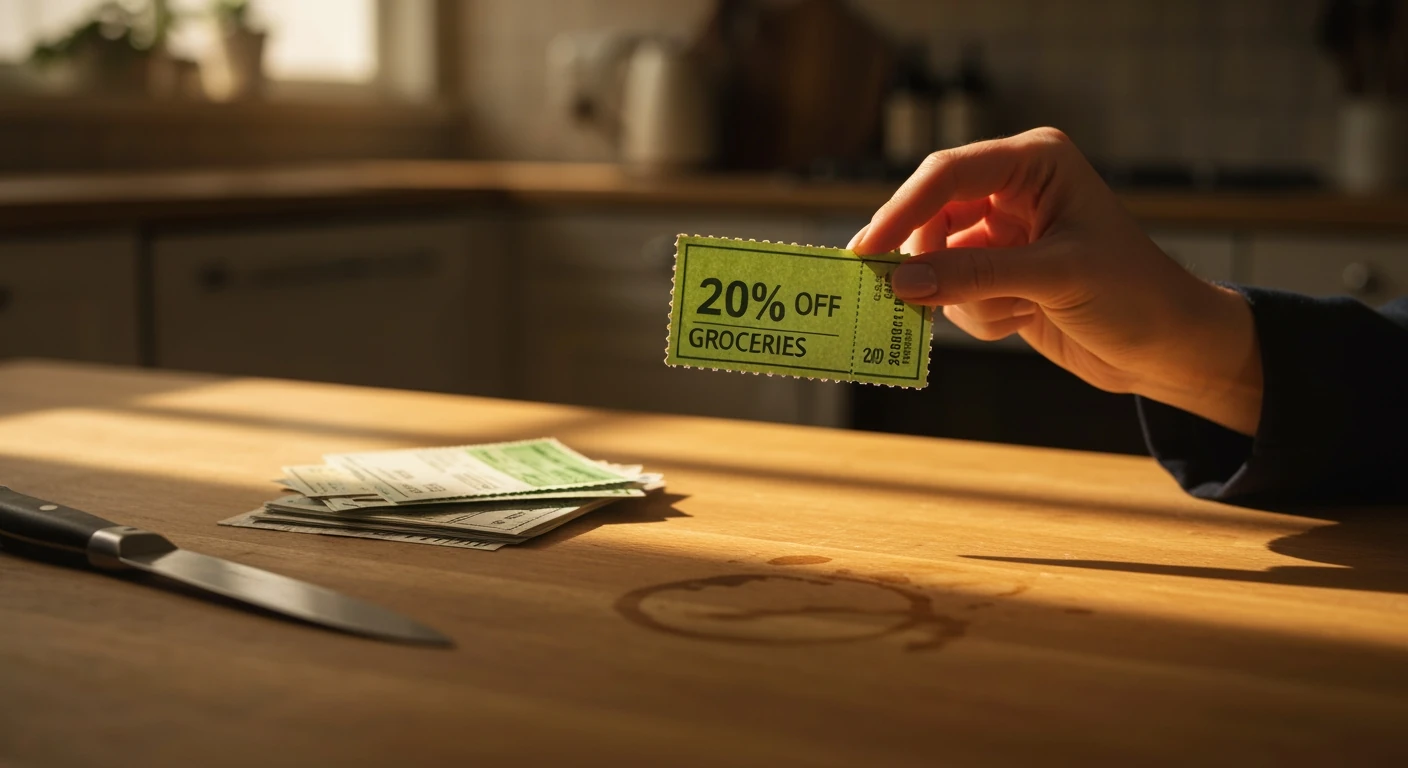A woman's hand holding a printed green grocery coupon over a worn oak kitchen table, with other coupons in soft focus, emphasizing tangible savings.