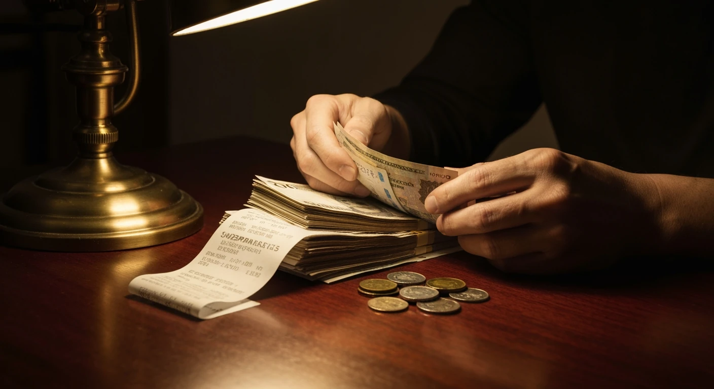 A person's hands counting banknotes and coins on a dark mahogany table, symbolizing cashback accumulation and financial management.